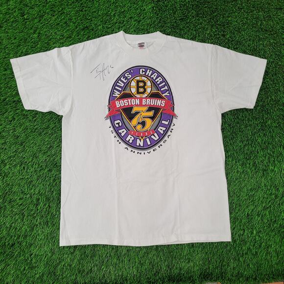 Vintage 90s Boston-Bruins Shirt L/XL 22x28 White Ice-Hockey SIGNED - Picture 1 of 16